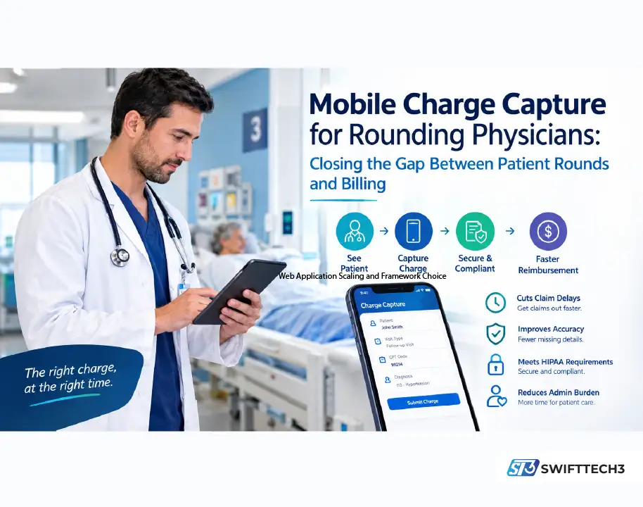 Physician using a tablet for mobile charge capture during hospital rounds