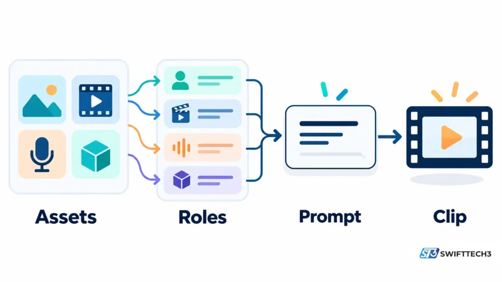 Workflow diagram showing how image, video, audio, and 3D assets are assigned roles, combined with a text prompt, and transformed into a finished video clip using Kling 4.0 Omni Reference.