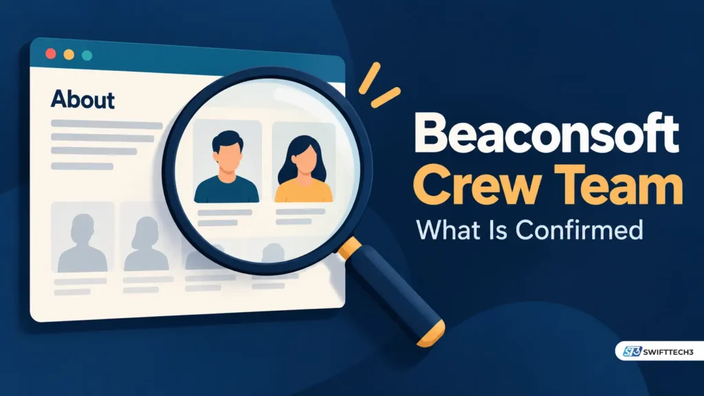 Illustration of a magnifying glass examining a website About page with two team member profiles and faded silhouettes, highlighting the Beaconsoft Crew Team.