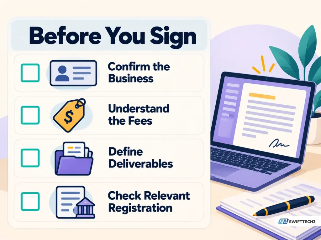 Funding-advisor verification checklist showing four essential checks: business identity, fees, deliverables, and relevant professional registration.