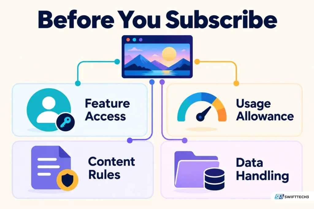 Four checks before subscribing to Grok Spicy Mode: feature access, usage allowance, content rules, and data handling.