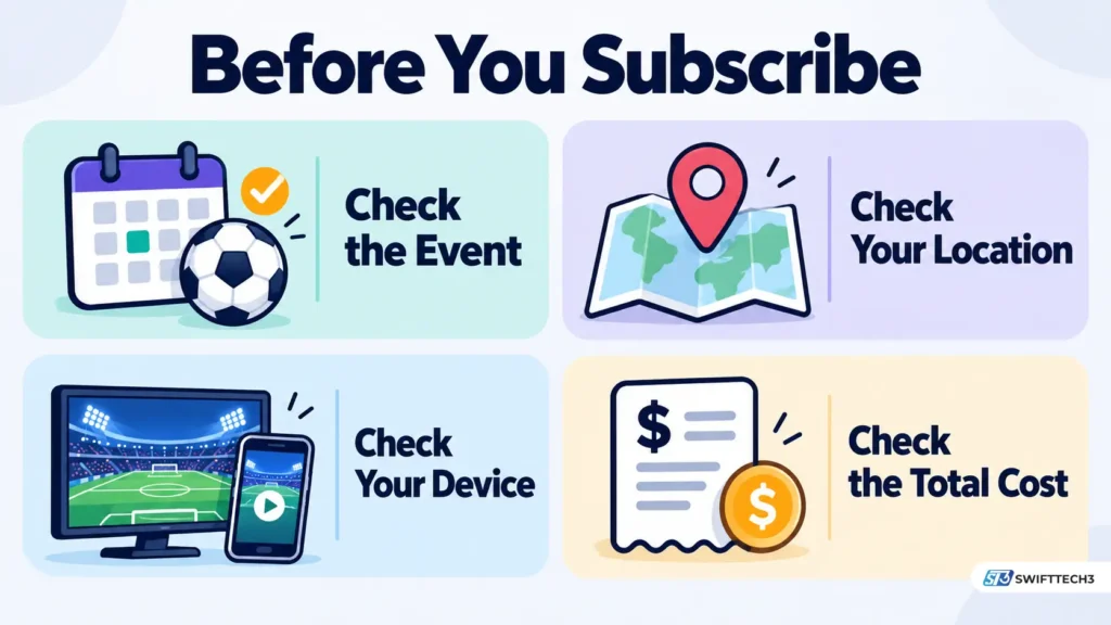 Four checks for choosing a MethStreams alternative: event coverage, location availability, supported streaming devices and total subscription cost.