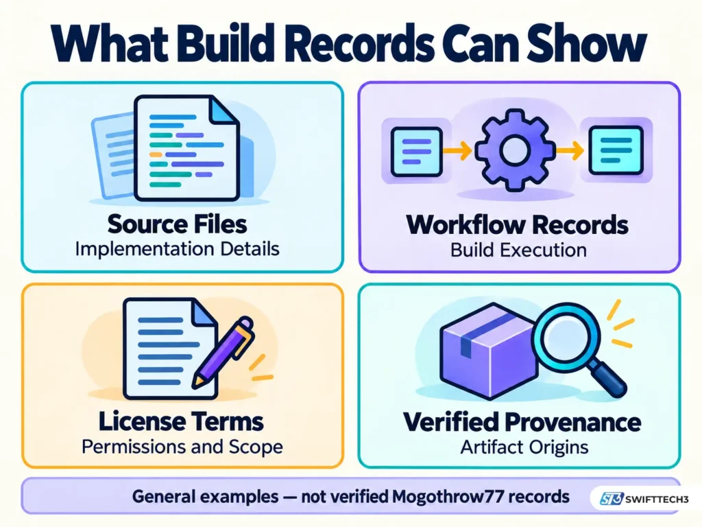Four-panel software build infographic explaining source files, workflow records, license terms and verified provenance for investigating software development claims.