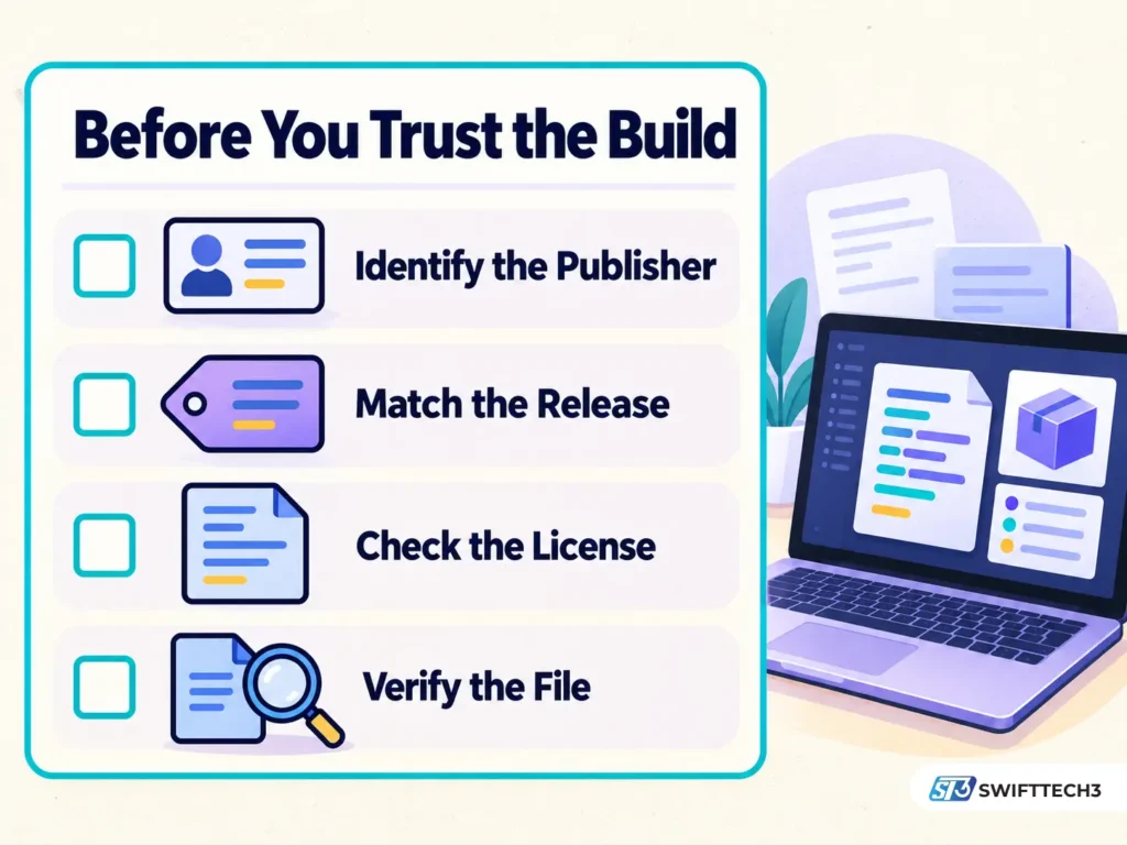 Mogothrow77 software build verification checklist with four empty checkboxes for identifying the publisher, matching the release, checking the license and verifying the file.