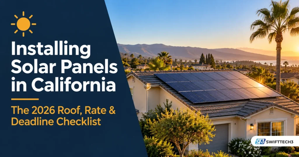 California suburban home with rooftop solar panels at sunset, illustrating a 2026 solar installation guide covering roof condition, electricity rates, and deadlines.