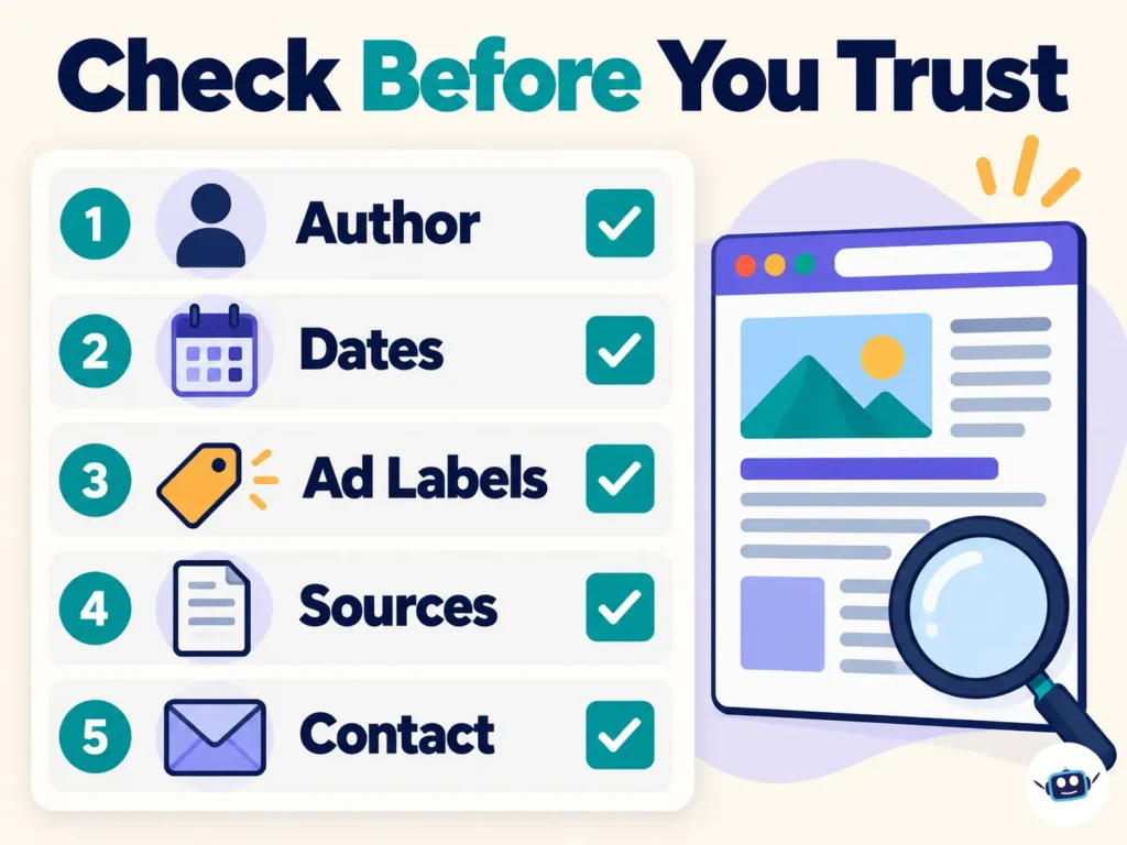 Five-point Yonopress article credibility checklist covering author information, publication dates, advertising labels, sources and contact details.