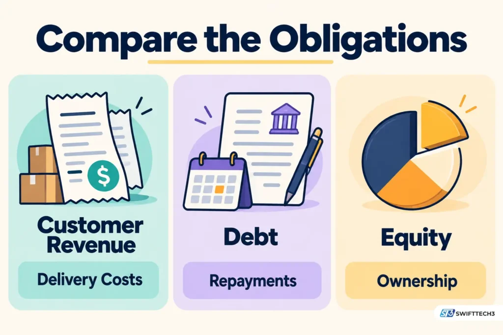 Customer revenue, debt, and equity funding comparison showing delivery costs, loan repayments, and ownership obligations for tech founders.