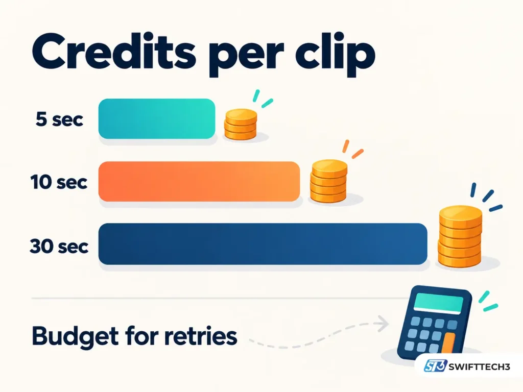 Infographic comparing Kling AI credit usage for 5-second, 10-second, and 30-second video clips using three increasing bars, coin stacks, and a calculator icon.