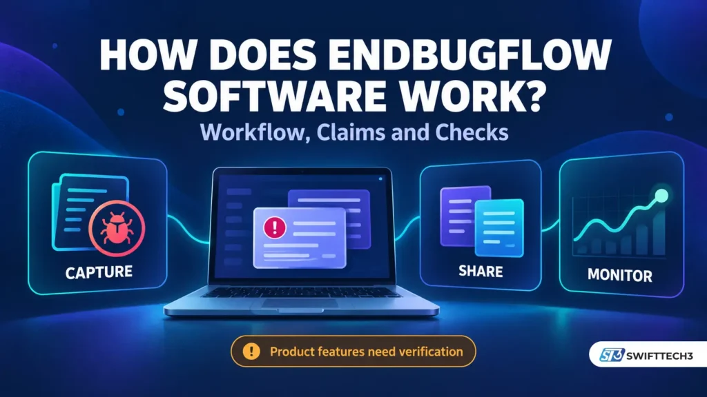 Conceptual illustration showing how Endbugflow software may capture errors, share reports and monitor performance, with a laptop and three workflow cards.
