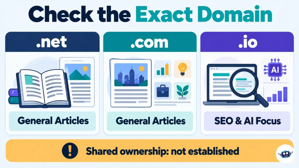 Three-card Yonopress domain comparison showing .net and .com general articles, .io SEO and AI content, and unverified shared ownership.