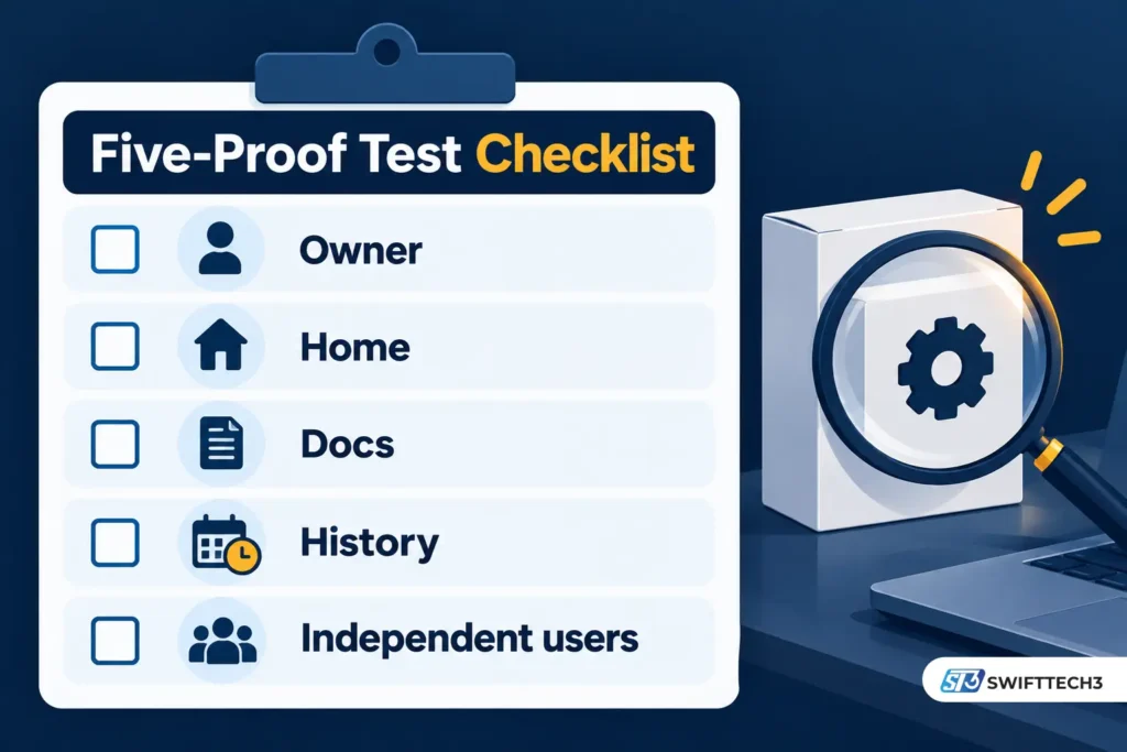 Five-proof checklist for evaluating unfamiliar software, covering owner identity, official website, documentation, release history, and independent users.