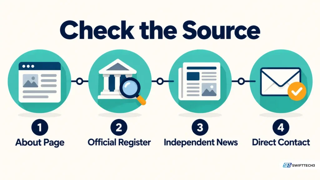 Four-step checklist infographic showing how to verify company team claims using an About page, official register, independent news sources, and direct contact.