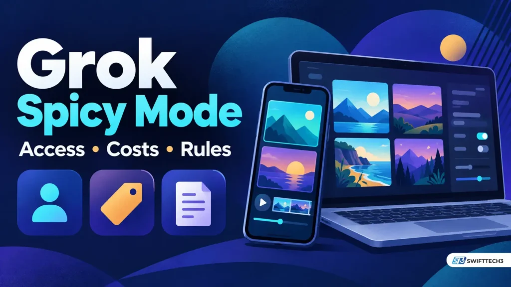 Grok Spicy Mode illustration showing a smartphone, laptop, AI image previews, video timeline, and icons representing access, costs, and content rules.