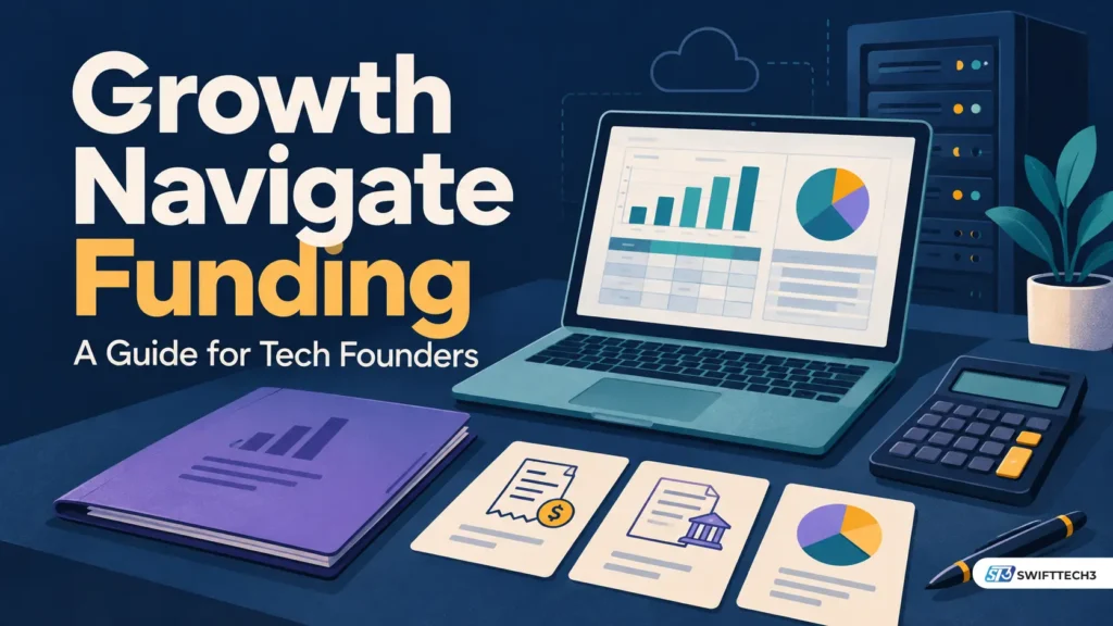Growth Navigate Funding illustration showing a laptop with financial charts, pitch documents, calculator, and financing options for technology founders.