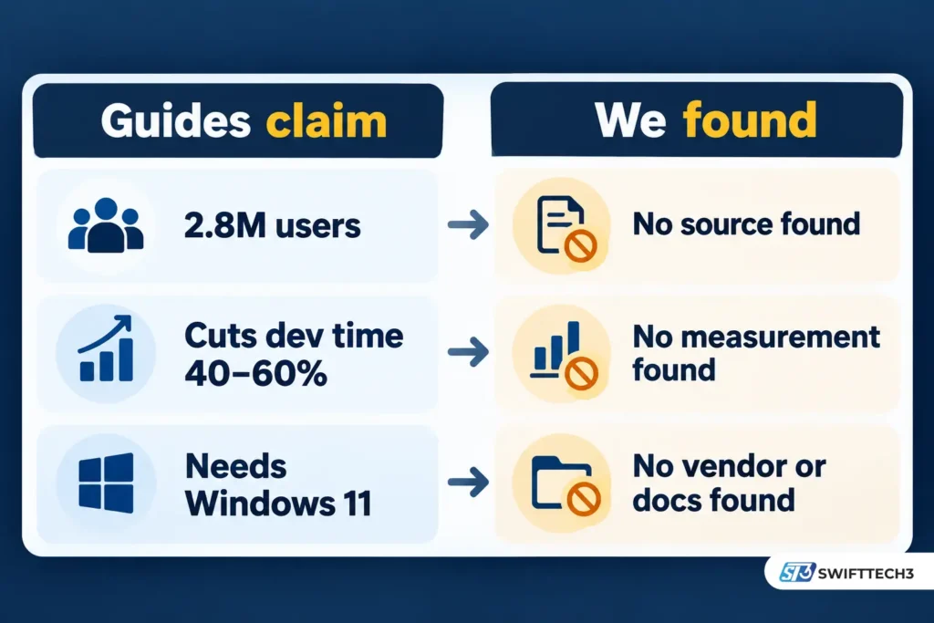 Two-column infographic comparing GDTJ45 Builder software claims about 2.8 million users, development time savings, and Windows 11 requirements with missing supporting evidence.