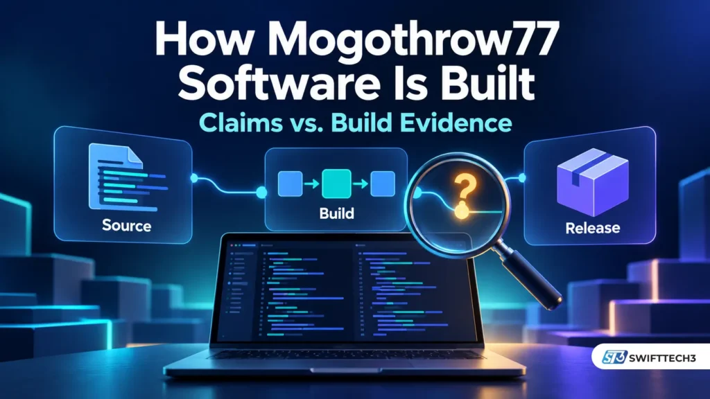 Illustration showing how Mogothrow77 software is built, featuring a laptop, source files, build workflow, release package and magnifying glass.