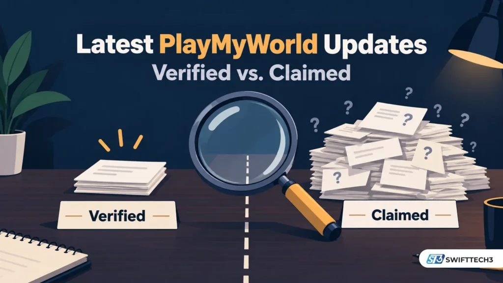 AI-generated illustration of a magnifying glass comparing verified PlayMyWorld updates with unconfirmed claims and gaming news.