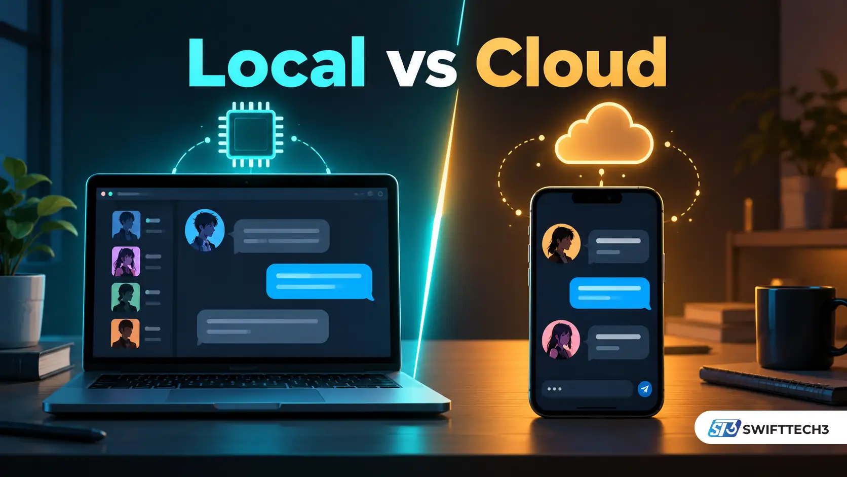 AI-generated illustration of a laptop and smartphone displaying AI character chat windows, comparing local and cloud modes in Hammer AI.
