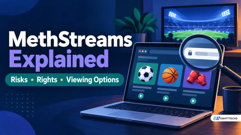 MethStreams guide illustration showing a sports-streaming laptop, television displaying a stadium and magnifying glass examining a browser address.