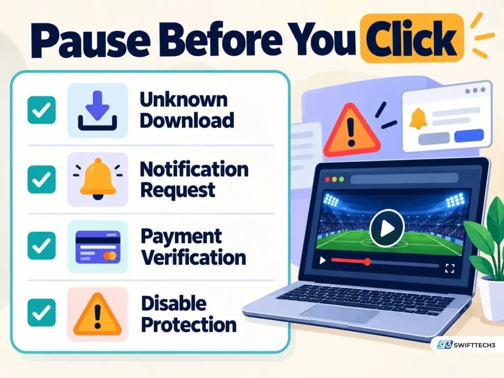 Streaming website warning signs showing unknown downloads, notification requests, payment verification prompts and requests to disable browser protection.