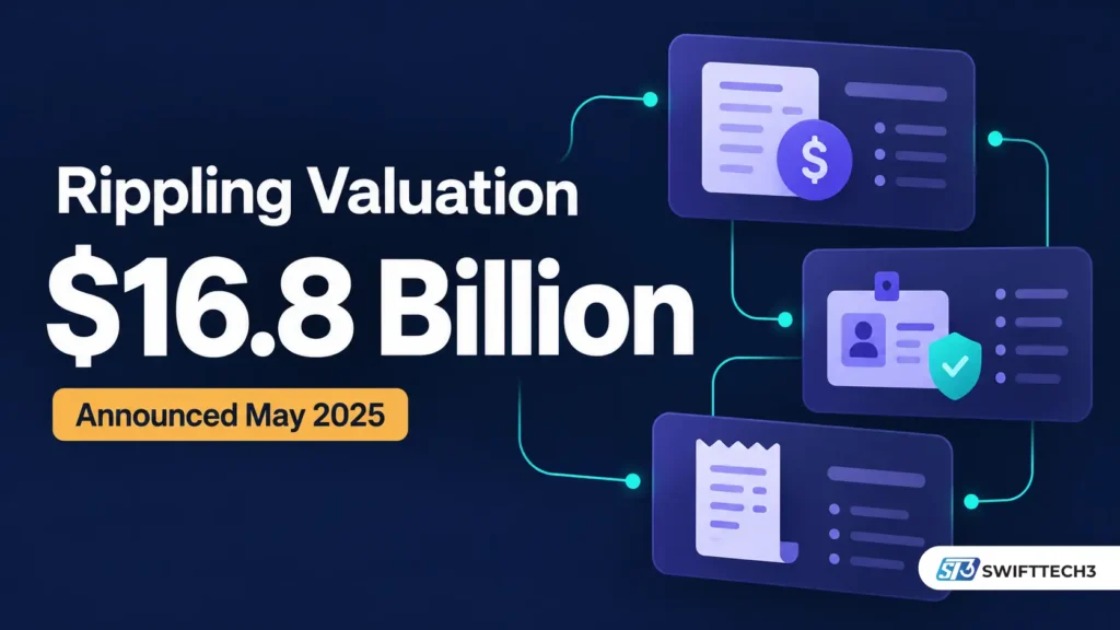 Rippling’s $16.8 billion valuation announced in May 2025, beside connected payroll, identity and expense cards.