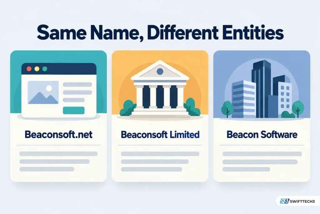 Three-column infographic comparing Beaconsoft.net, Beaconsoft Limited, and Beacon Software as separate entities with similar names.
