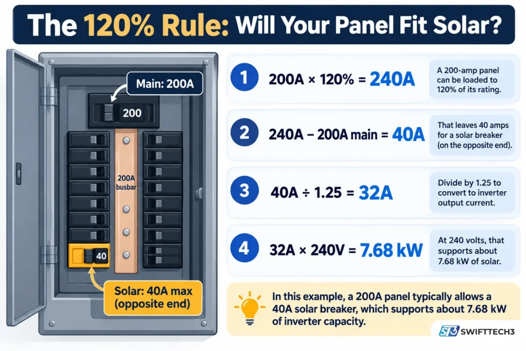 Electrical panel diagram illustrating the solar 120 percent rule with a 200A busbar, 200A main breaker, 40A solar breaker, and 7.68 kW inverter calculation.