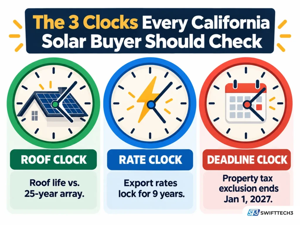 Three-clock California solar infographic showing roof lifespan versus a 25-year solar array, a nine-year export-rate lock, and the January 1, 2027 property tax exclusion deadline.