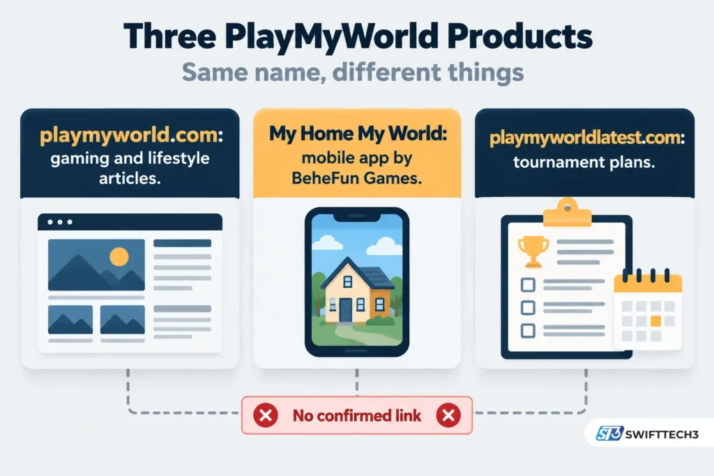 Diagram comparing playmyworld.com, My Home My World by BeheFun Games, and playmyworldlatest.com, showing no confirmed connection between them.