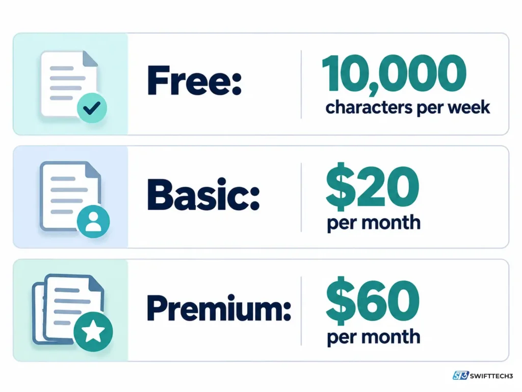 Infographic comparing InferKit's historical pricing plans, including 10,000 free characters per week, Basic at $20 per month, and Premium at $60 per month.