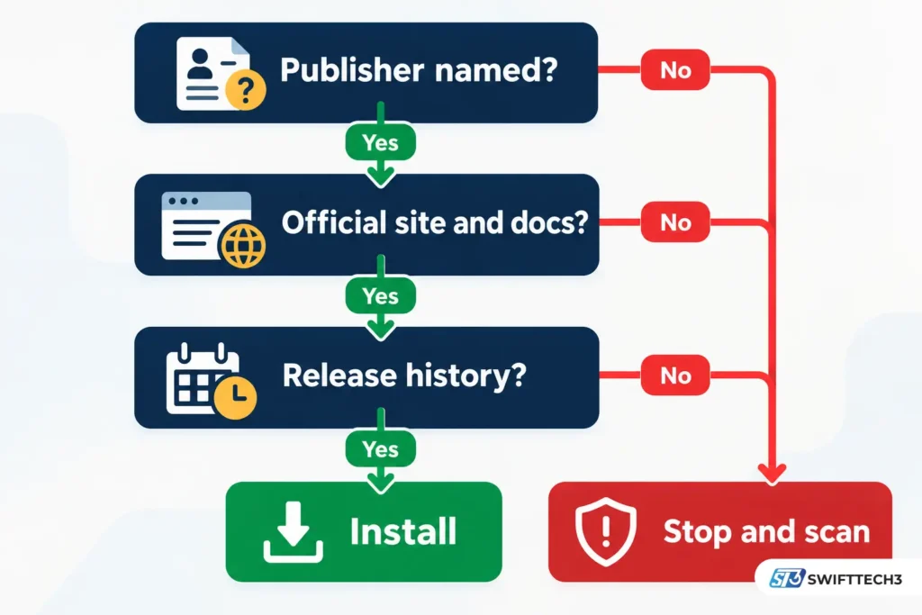 Flowchart showing how to evaluate unfamiliar builder software by checking the publisher, official website, documentation, and release history before installation.