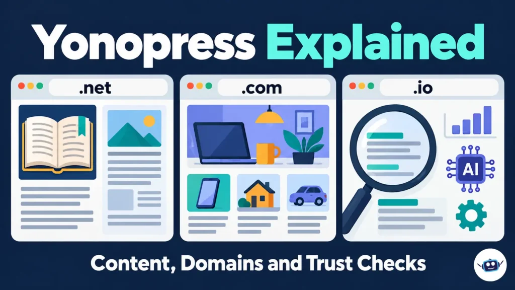 Yonopress Explained infographic showing three website domains, .net, .com and .io, with different content focuses and trust checks.