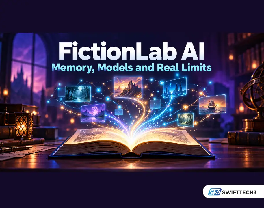 FictionLab AI storytelling platform concept featuring a glowing open book with connected memory nodes, blue and amber light streams, and a fantasy-inspired background.