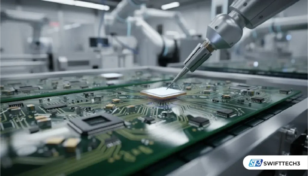Industrial robotic arm using a precision tool to work on a semiconductor chip mounted on a green printed circuit board in an advanced electronics manufacturing facility.