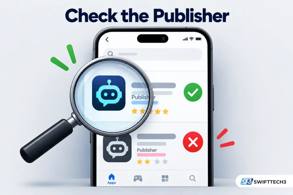 AI-generated illustration of a smartphone app store page with a magnifying glass checking an app publisher, showing green verification and red warning symbols.